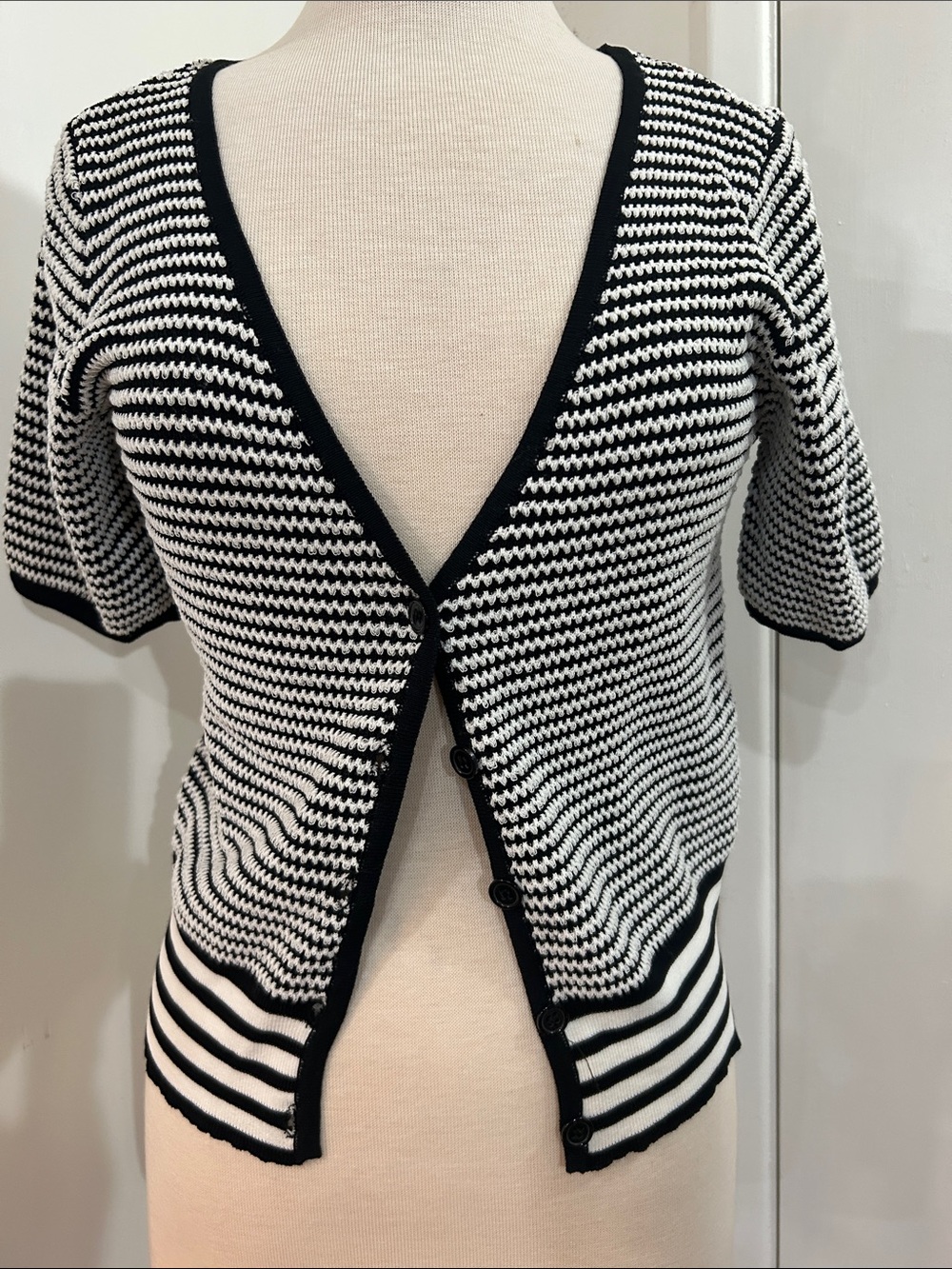 Hem & Thread Black and White Striped V-Neck Short-Sleeve Cardigan